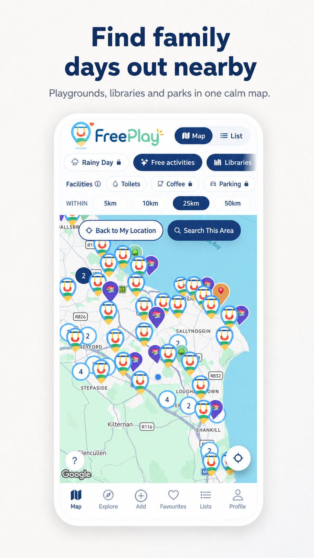 FreePlay map showing playgrounds, libraries and parks near you